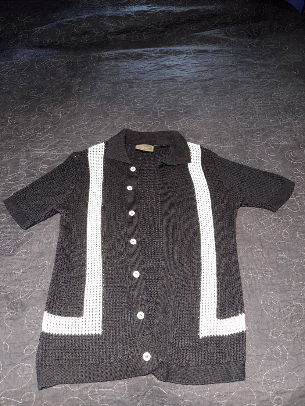Black Knit Button-Up Shirt with White Vertical Stripes